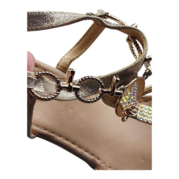 Secreto di Bella Gold Wedge Sandals Size EU 38 Rhinestone Charm Cork Heel Dressy - Picture 11 of 16